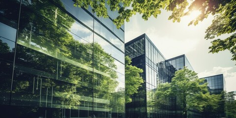 Wall Mural - A city skyline with a large tree in the foreground. The buildings are tall and made of glass, reflecting the sunlight. Concept of modernity and urban life, with the tree providing a touch of nature