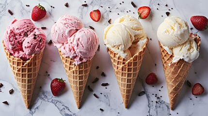 Wall Mural - Four ice cream cones with different flavors and toppings, including strawberries. Concept of variety and abundance, as there are multiple flavors and toppings to choose from