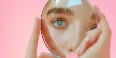 Wall Mural - A woman is holding a magnifying glass up to her face. Concept of curiosity and exploration, as the woman is examining her own features in the mirror