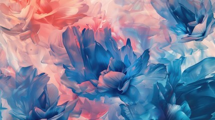 Wall Mural - A colorful flower pattern with blue, pink, and red flowers. The flowers are arranged in a way that creates a sense of movement and depth. Scene is vibrant and lively