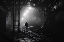 A Man Stands On A Train Track At Night, Surrounded By Darkness, Casting A Silhouette Against The Dimly Lit Backdrop