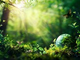 Fototapeta  - A simple, vibrant image of a globe surrounded by diverse habitats, symbolizing the global scope of habitat awareness