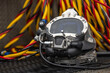 Photo of a commercial dive helmet on the ground