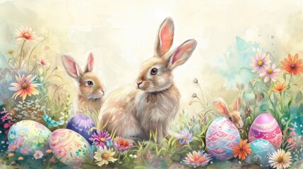 Poster - Two rabbits are lounging in a grassy field adorned with colorful Easter eggs and vibrant flowers. The scene resembles a painting showcasing the beauty of nature AIG42E