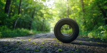 One Tires On The Asphalt Road In Front Of A Green Forest Background, Car Tire Concept. Summer Tires For All Seasonal Or Winter. New Car Tires And Wheels.