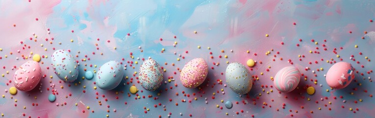 Hanging Pastel Easter Eggs Banner with German Text on Pink and Blue Textured Background for Easter Holiday Decoration and Greeting Card