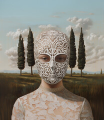 Painting of a woman wearing a decorative white mask hiding her identity. Hidden beauty conceptual background.