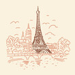 Eiffel Tower in Paris, city panorama. Vector line illustration