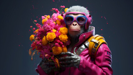 Wall Mural - Hyperrealistic cyberpunk monkey ape animal character in sunglasses and pink leather jacket holding big bouquet of flowers on minimal dark background. Modern pop art illustration