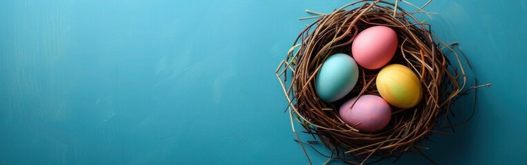 Wall Mural - Easter Greeting Card: Pastel Painted Eggs in Bird Nest on Blue Table Background - Top View Flat Lay with Copy Space