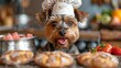   A small dog in a chef's hat stands before a table laden with pastries and strawberries