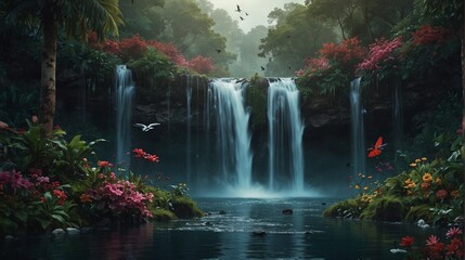 Digital Illustration of Exotic Waterfalls Landscape for Wallpaper and Digital Print