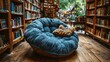   A room brimming with books and a blue beanbag chair facing bookshelves