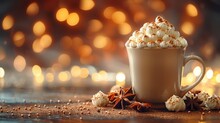   A Table Sets The Stage For A Steaming Cup Of Hot Chocolate, Topped With Marshmallows And A Fragrant Star Anise Lights Cast A Warm, Inviting Glow