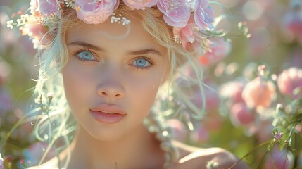 Wall Mural -   A woman in a flower crown, her blue eyes gazing, stands amidst pink and white blooms