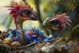 Fototapeta Zwierzęta - Two colorful birds with long feathers are sitting on a nest