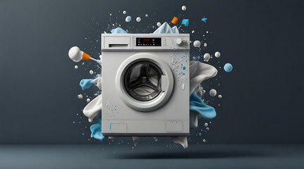 A cleaning clothes washing machine advertisement style floating shirt with bubbles of laundry work as banner design with copy space, ads