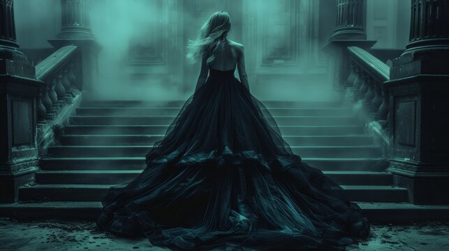   A woman in a long black dress stands on the staircase of a gothic-inspired building