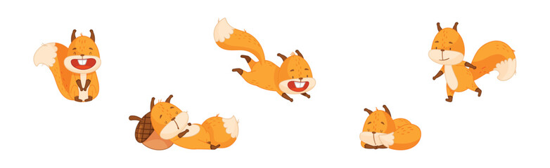 Wall Mural - Cute Squirrel Character with Bushy Tail Engaged in Different Activity Vector Set