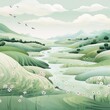 Serene minimalist landscape with rolling hills and river in muted green tones, digital art