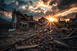 The sun sets behind a demolished building, casting a fiery glow over the wreckage