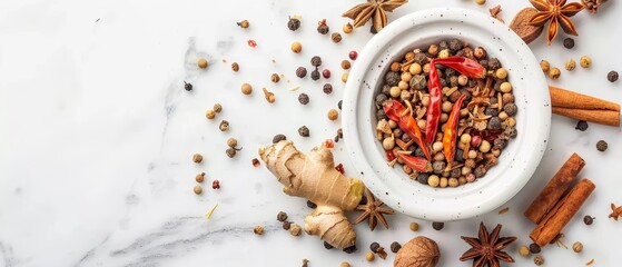 Canvas Print -   A white bowl, brimming with spices, sits next to cinnamon and star anise on a pristine white marble surface