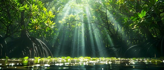 Wall Mural - Mystical Rays in the Mangroves. Concept Nature Photography, Mystical Atmosphere, Mangrove Ecosystem, Sunset Magic