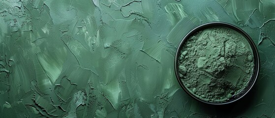 Wall Mural -   A bowl filled with green powder sits on a green tablecloth