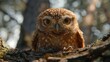   A tight shot of a tiny owl perched on a tree branch against a softly blurred backdrop of foliage