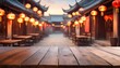  Empty Wooden Table with Blurred Ancient Chinese Town Background, Decorated with Hanging