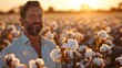   A man stands in a cotton field as the sun sets, casting long shadows; foreground filled with ripened cotton bolls