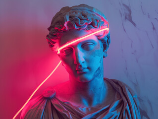 Wall Mural - Ancient Greek sculpture of a man with neon wire light	