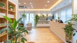 © Jafree - Modern wellness clinic reception with green plants. Natural light-filled spa lobby with a calming atmosphere. Concept of holistic health center, relaxation space, and organic design aesthetics.