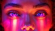   A tight shot of a woman's face, illuminated by intense lights Her eyes radiate pink and blue hues