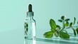 Essential oil in a clear dropper bottle surrounded by green leaves. Concept of natural skincare, organic beauty products, aromatherapy, herbal cosmetics and botanical extracts. Copy space