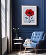 Oil painting of a red poppy in a blue room with a blue armchair and a white table.
