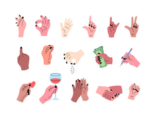 Poster - Cartoon Color Different Hand Gestures Set Concept Flat Design Style. Vector illustration of Arm Holding Banknote, Wine Glass and Pen