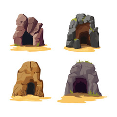 Canvas Print - Cartoon Color Empty Stone Caves Entrance Set Concept Flat Design Style. Vector illustration of Abandoned Grot or Mine