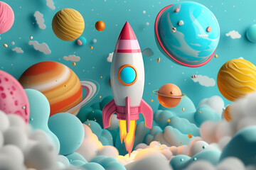 Wall Mural - colorful cartoon rocket flying among the planets. space background for children