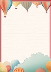 Wall Mural - Hot air balloons in a red frame with clouds on a beige background, drawing, cartoon, interior, retro.