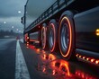 Take a close-up of a semi-truck's tires equipped with smart sensors on a highway, illustrating the role of technology in monitoring vehicle performance and safety in real-time