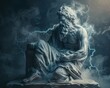 Take a photo of a modern minimalist sculpture of Zeus, digitally altered to appear as if cracking with energy, surrounded by a calm before the storm atmosphere, juxtaposing peace with impending power