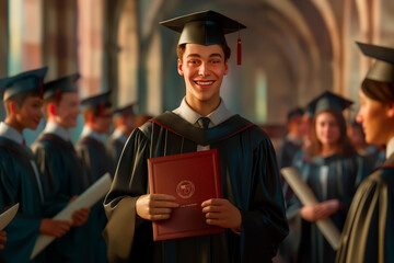 Portrait of a college graduate in a gown and hat holding a diploma of graduation at a ceremony at the university