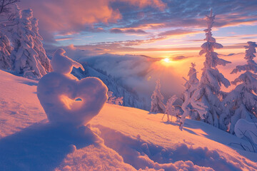 Wall Mural - A snow sculpture of a heart is on a snowy hillside