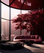 Red minimalist living room with a large curved pink sofa and a matching tree