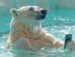 Capture a whimsical scene of a polar bear with earbuds in, listening to chill summer tunes on a smartphone, as it floats in a pool with a satisfied, relaxed expression