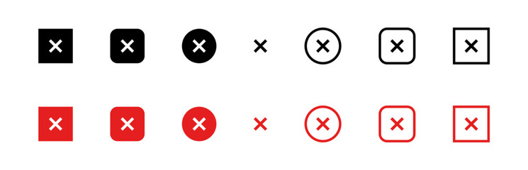 Cross mark vector icon set. Checkbox black pictogram. Wrong symbol. X-mark web illustration. Cancel, deny or reject red buttons isolated.