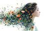 Illustration of a womans profile, her hair flowing into a cascade of flowers and leaves, embodying the essence of nature