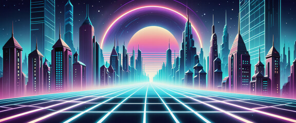 Wall Mural - Synthwave city, neon light lines, futuristic cyberpunk cityscape, retro wave music background. Design for cover or poster.