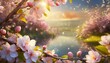 Sunset over a serene lake with blooming trees and delicate flowers creating a magical scene
